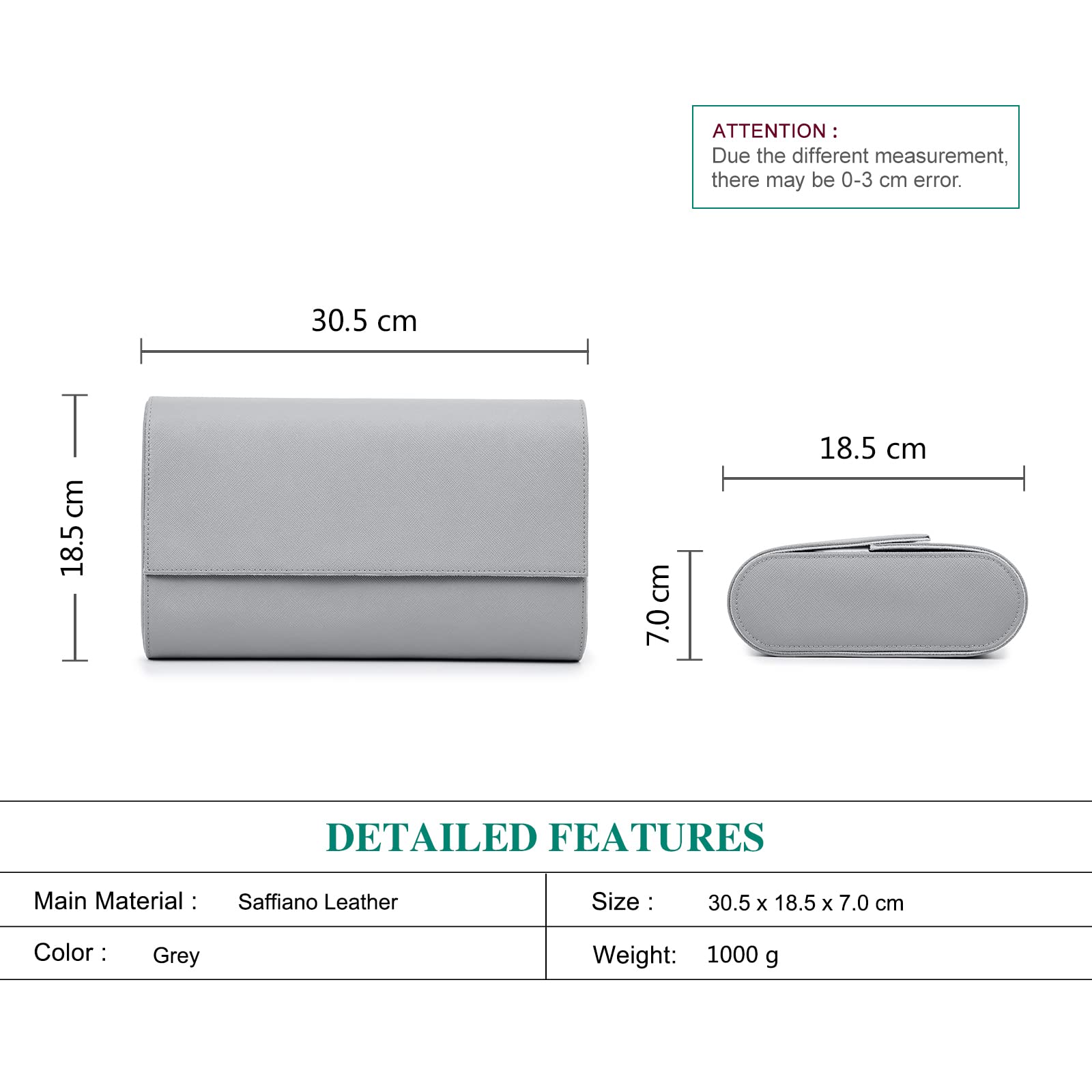 Estuche para Guardar Relojes Hiram, Estuche Enrollable de Viaje para 8 Relojes, de Cuero Saffiano auténtico, Organizador de Relojes de Viaje, Caja de Almacenamiento (Gris)
