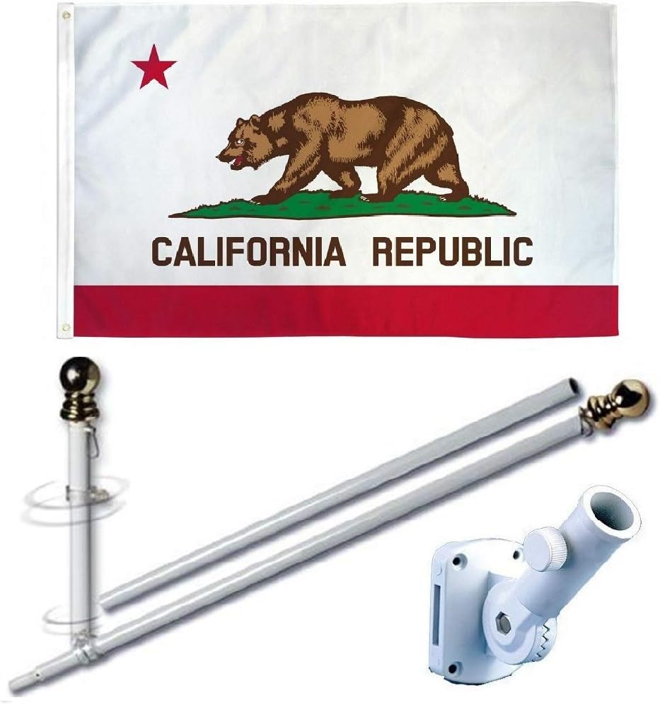 MWS 3'X5' California State Premium 150D 3x5 Flag Set (Super Polyester) w/Heavy Duty 6-Feet Spinning Flag Pole Bracket Residential Commercial