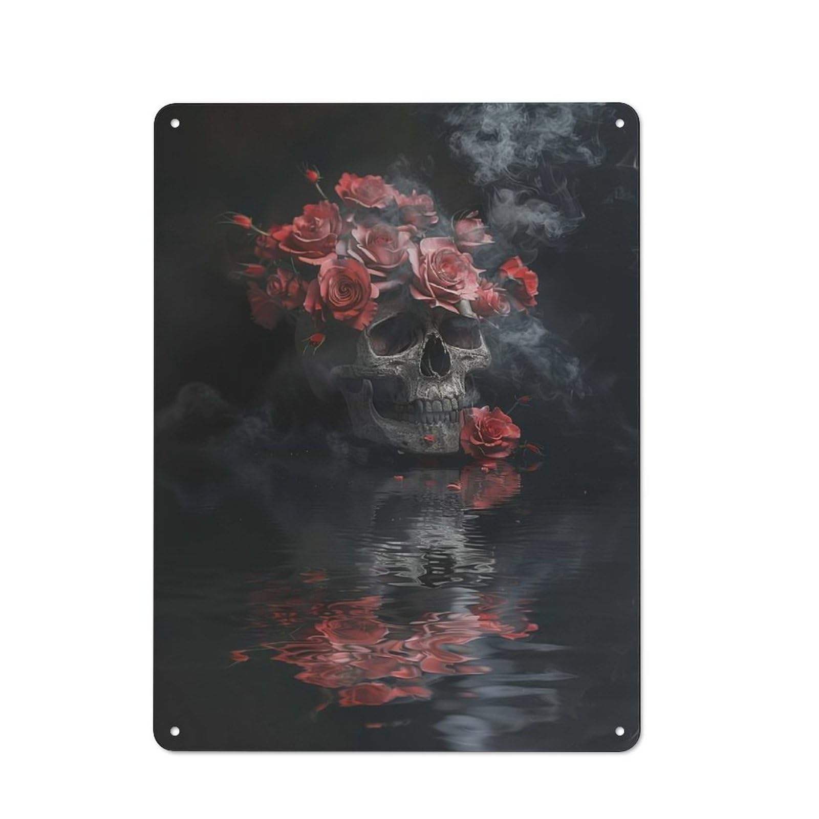 Tin Wall Plaque 40x30cm with Skull with Roses And Smoke for Pub Or Café, for Hospitality Wall Decor Collectors