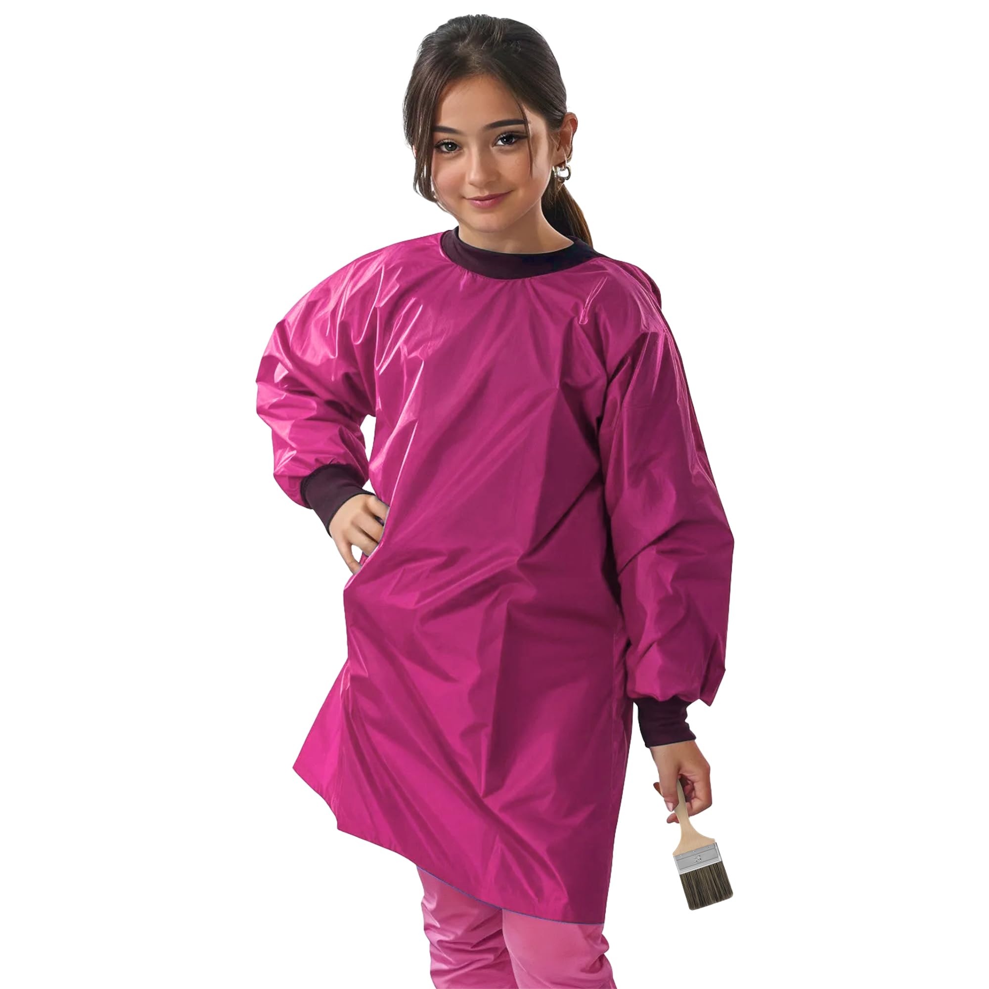 ND Sports School Kids Craft Time Art Class Protective Wipe Clean Smock Apron (Pink, 12-14 Years)