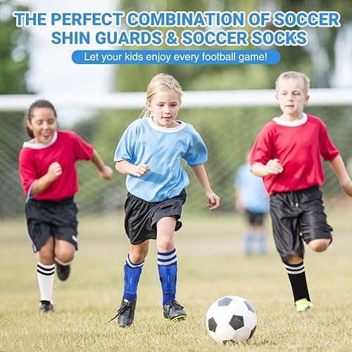 Miniatura 6 de 3 pares de espinilleras de fútbol juvenil, resistentes a los impactos, 3 pares de calcetines largos de fútbol, espinilleras flexibles para niños de