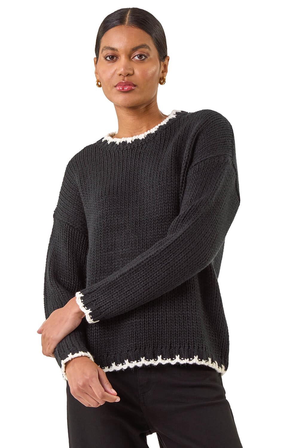 Roman Originals Women's Black Stitch Detail Soft Knit Jumper For Uk - Everyday Autumn Winter Round Neckline Comfy Soft Evening Vacation Work Party Night Out - Size 14