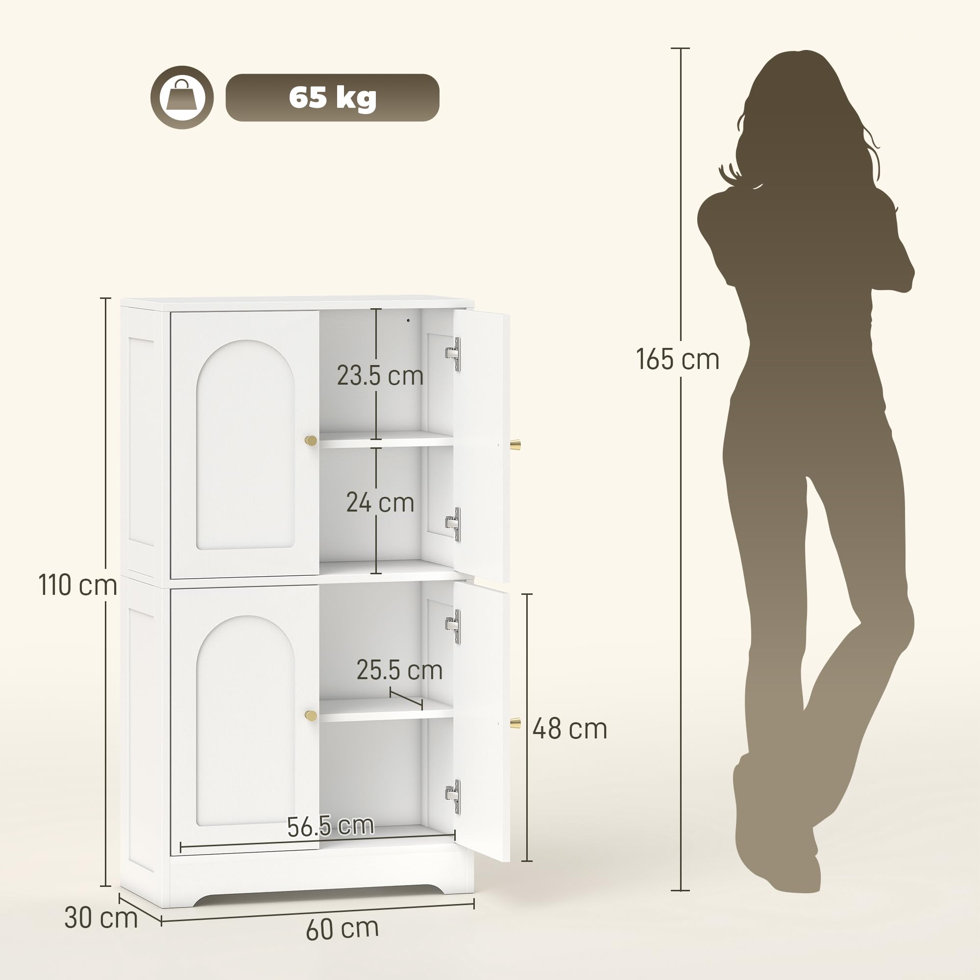 HOMCOM Credenza Cucina, Mobile Cucina Dispensa con 2 Armadietti, 4 Ante ad Arco, 2 Ripiani Regolabili, con Dispositivo Antiribaltamento, 60x30x110 cm, per Sala da Pranzo, Soggiorno, Bianco