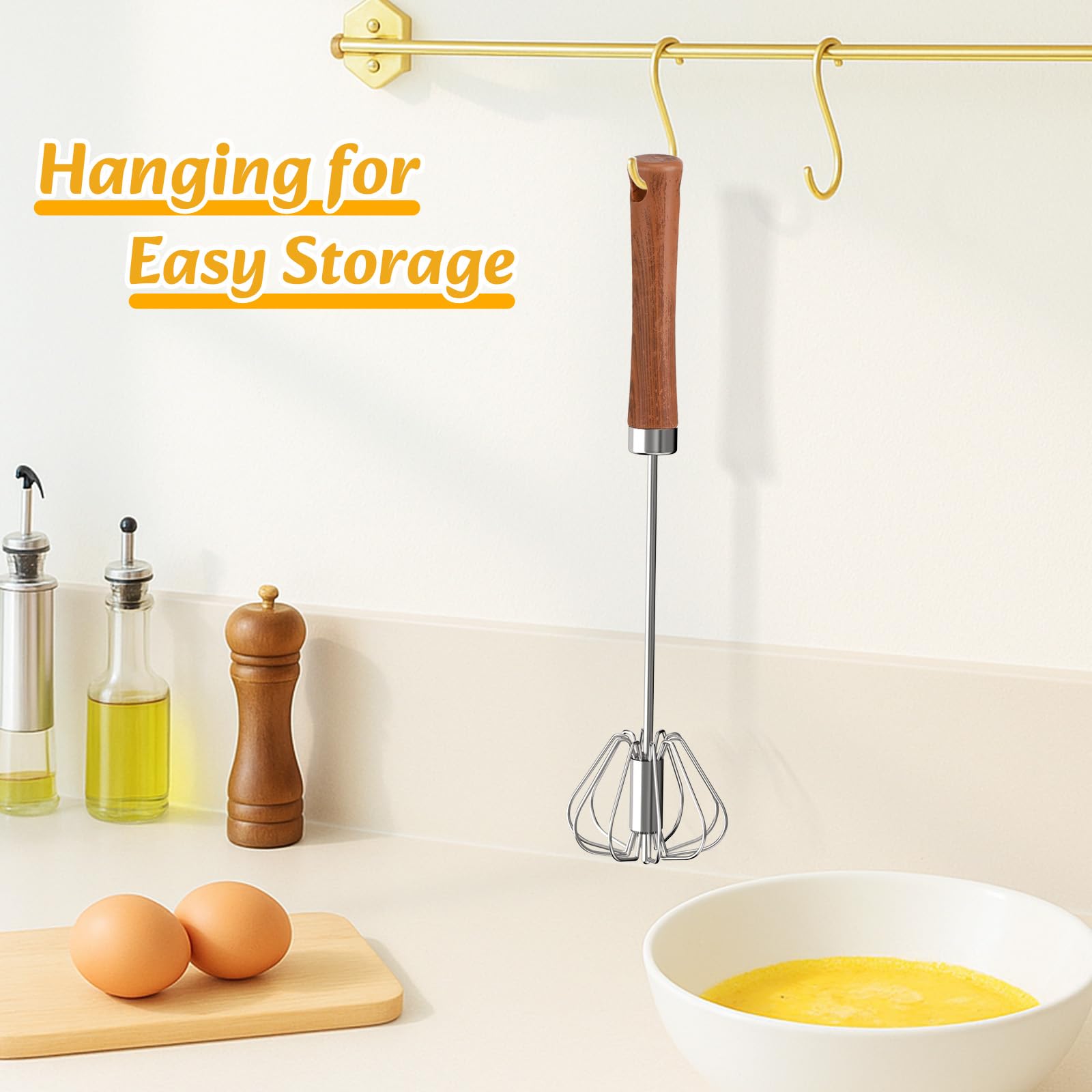Euqvunn 12-Calowa Półautomatyczna Trzepaczka do Jajek, Ręczna Trzepaczka ze Stali Nierdzewnej z Uchwytem do Zawieszania, Metalowa Trzepaczka do Gotowania, Ubijania i Spieniania
