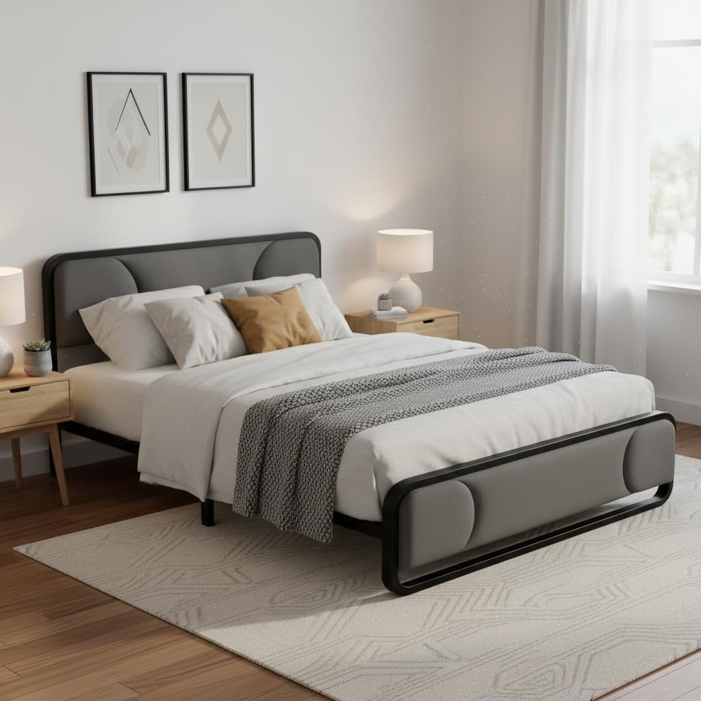 APRODZ Upholstered Platform Bed King Size Modern Bed Frame with Charging Station, Bed Metal with Velvet Tufted Headboard, No Spring Boxing Needed Grey Fabric + Black Powdercaoted-image-33