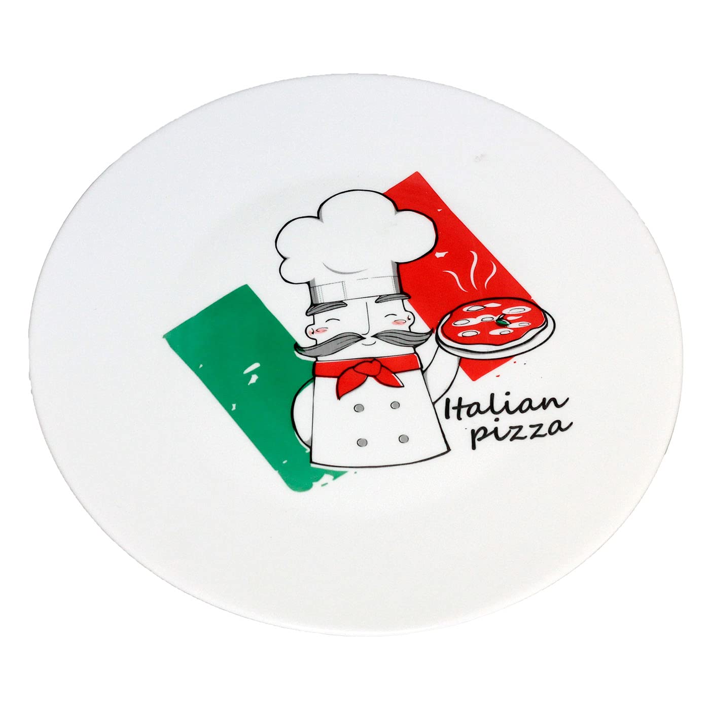 Tradineur - Plato bajo para pizza 33 cm, vidrio opal templado extra resistente, bandeja servir pizzas blanca con diseño de chef