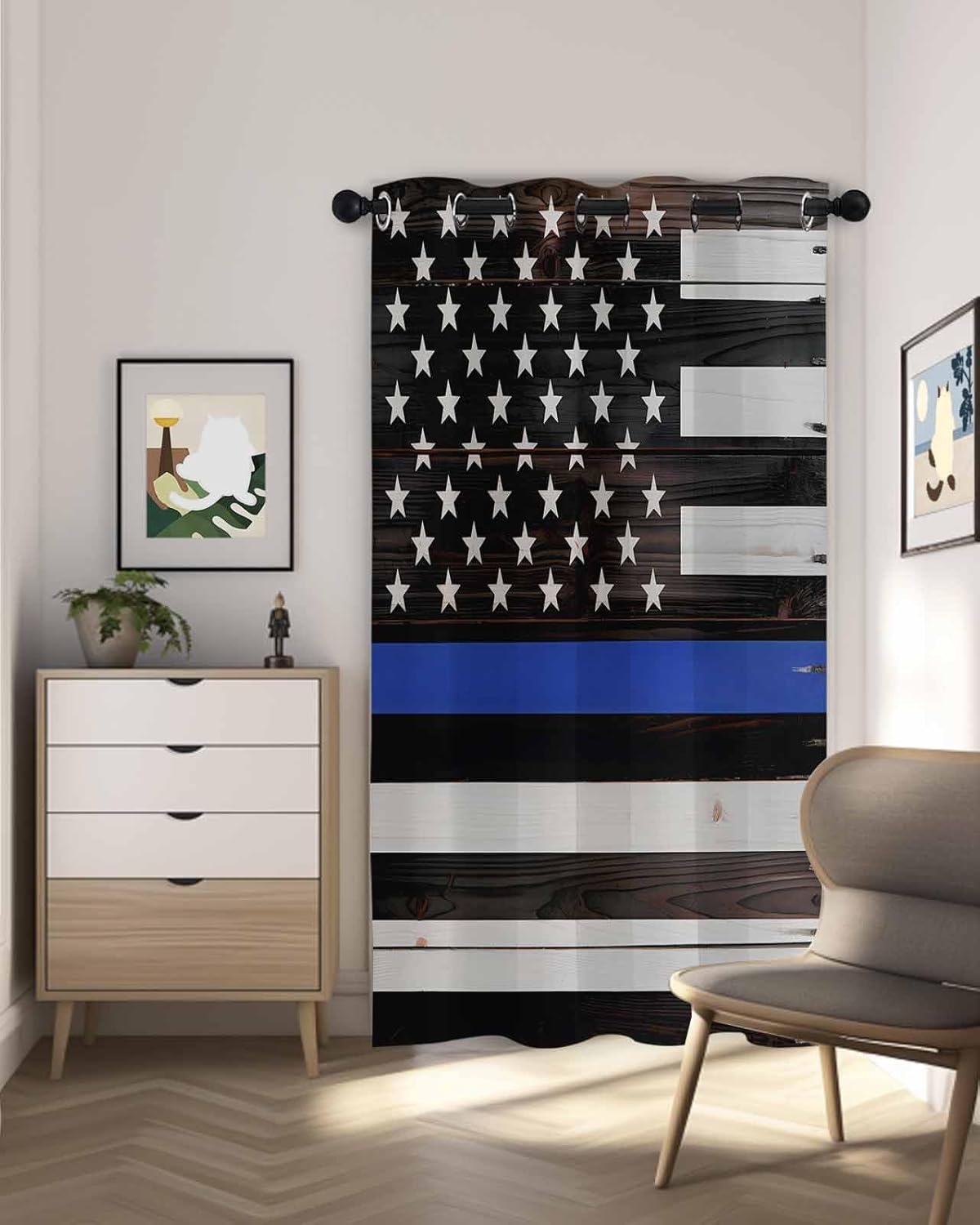 T&H Home Thin Blue Line Police Blackout Curtain, Honor Law Enforcement USA Vintage Flag White Grommet Thermal Insulated Darkening Window Treatment Curtain Panel for Livingroom Bedroom 52" W by 52" L