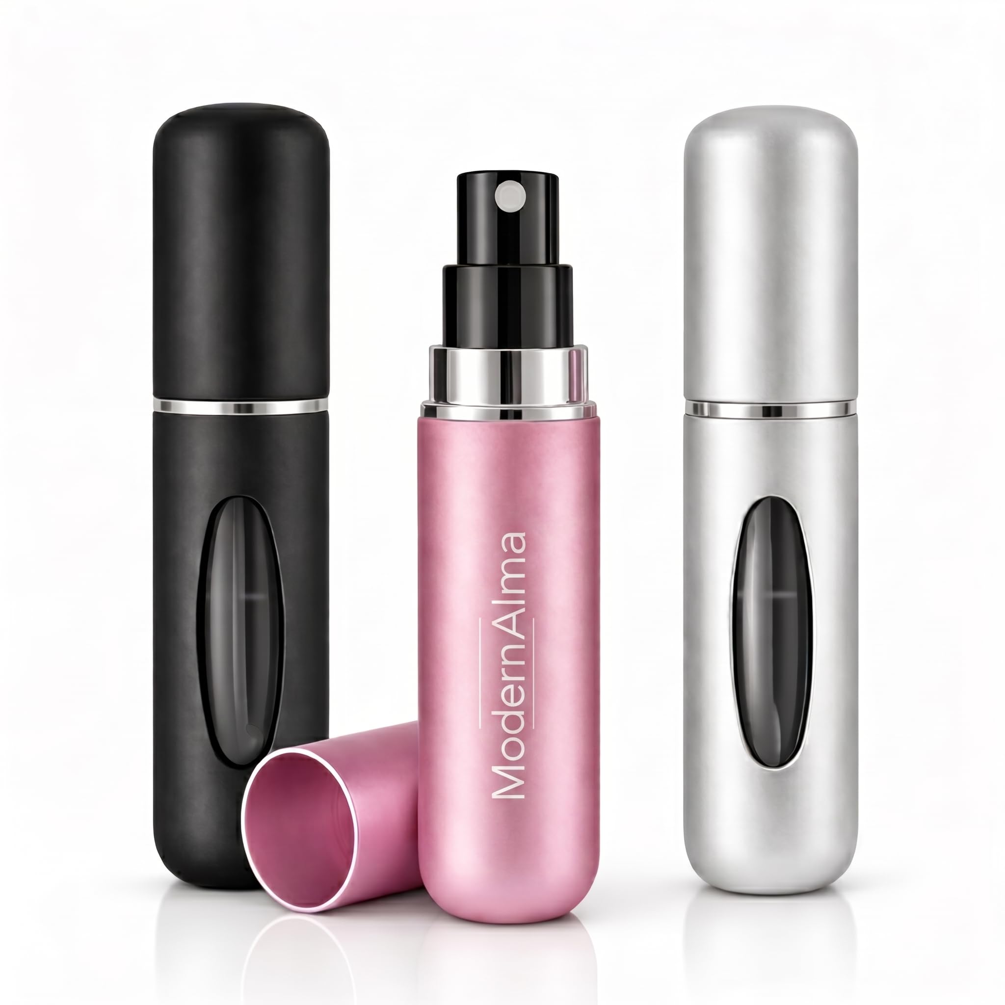 ModernAlma® - Atomizador Perfume Recargable | Atomizador Perfume Viaje Portátil de Aluminio con Ventana | Mini Spray Perfume Recargable para Avión, Bolsillo y Viaje (3, Multicolor 1, 5)