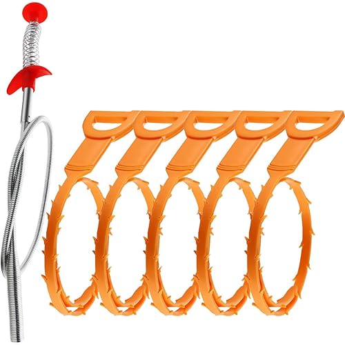Omont Drain Clog Remover Tool, 6 Pack Drain Hair Clog Remover Tool, Sink Drain Clog Remover, 24 Inch Drain Cleaner Tool for Sink, Tube Drain Cleaning (Orange)