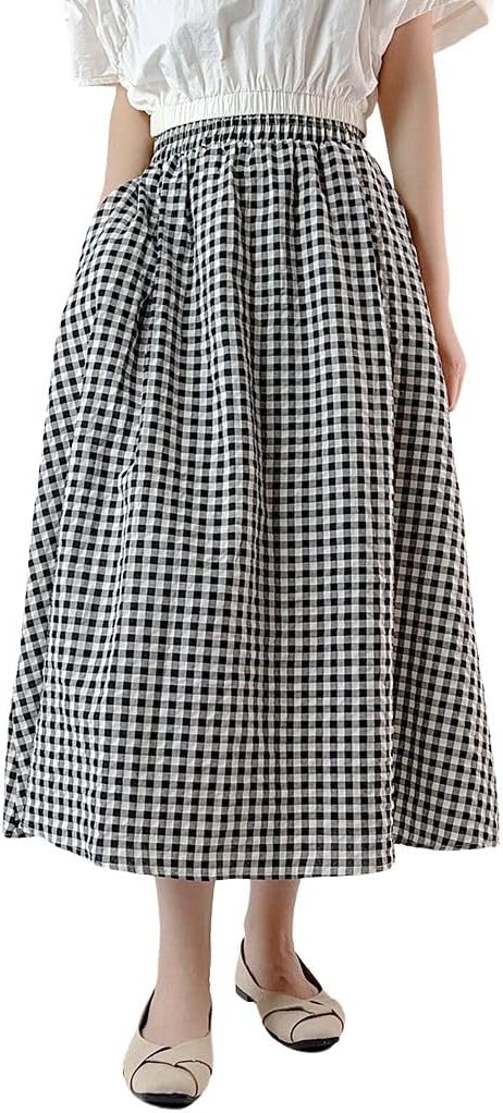 chouyatou Women's Casual Elastic Waist Plaid Skirt Gingham Swing Pleated Midi Long Skirt with Pockets