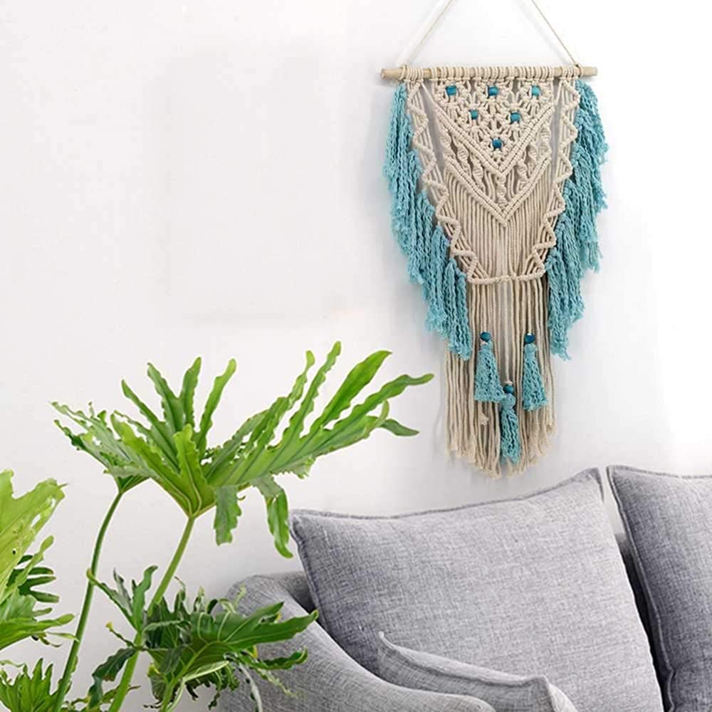 Colgante de pared de macramé hecho a mano, arte de pared tejido, macramé, frontón azul