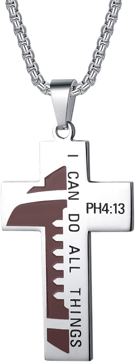 Susook Football Gift for Men Cross Necklace Stainless Steel Chain Bible Verse I CAN DO All Things Pendant Sport Jewelry