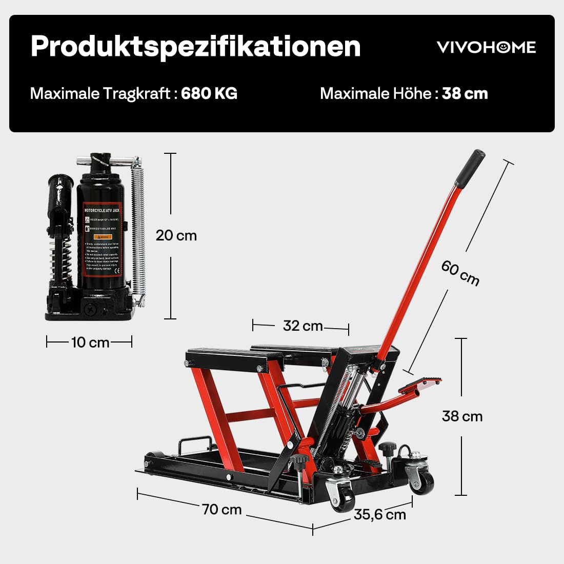 VIVOHOME Hydraulischer Motorradständer Aufzug 680 KG Kapazität Stahl ATV Aufzüge Stand Hoist mit Rädern und Griff, Dirt Bikes Rot