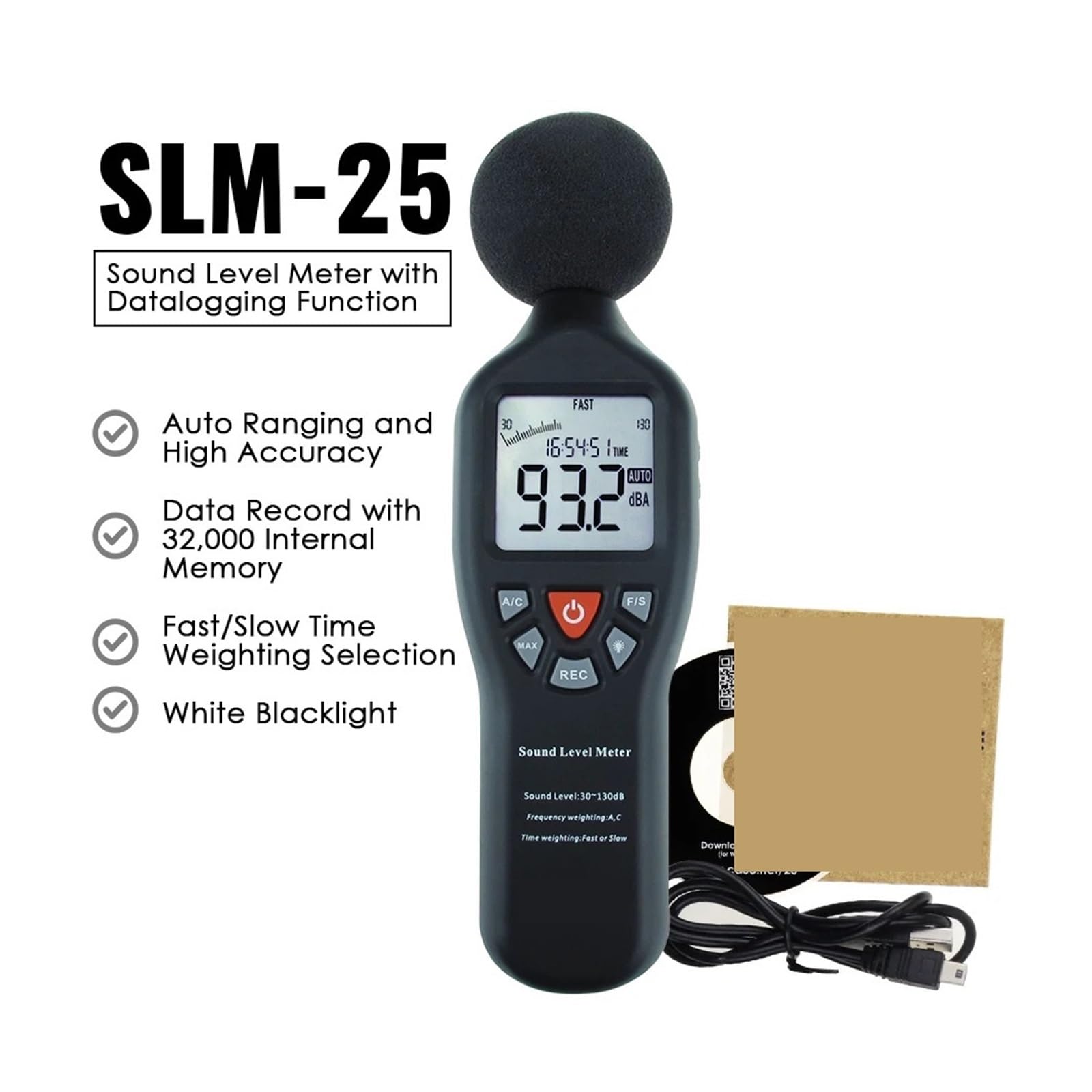 Sonomètres, Sonomètre numérique, plage de 30 à 130db, décibels bruit, for la maison et le bureau, avec fonction d'enregistrement données, écran LCD CD