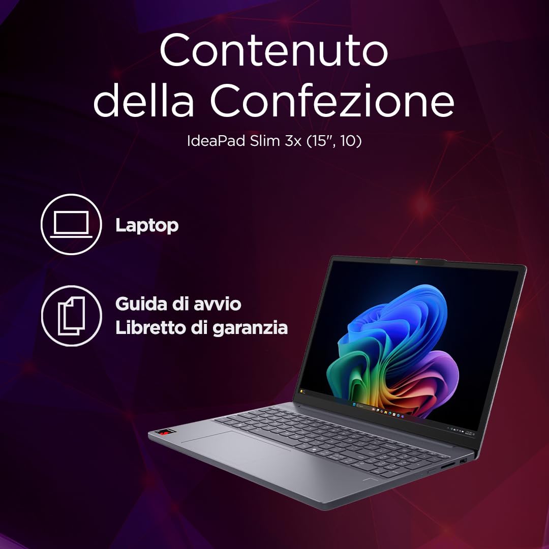 Lenovo IdeaPad Slim 3 Copilot+ PC Notebook 15" IPS (1920x1200) Snapdragon X X1-26-100, 16GB RAM LPDDR5X, 512GB SSD, WiFi 6E, Laptop per Lavoro, Studio, Multitasking - Caricatore non incluso