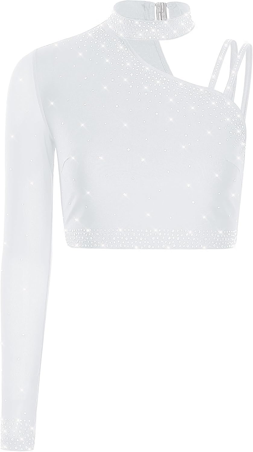 Lyrical Dance Tops for Women Sparkly Rhinestone Crop Tops Ballet Dancewear Latin Jazz Dance Costume