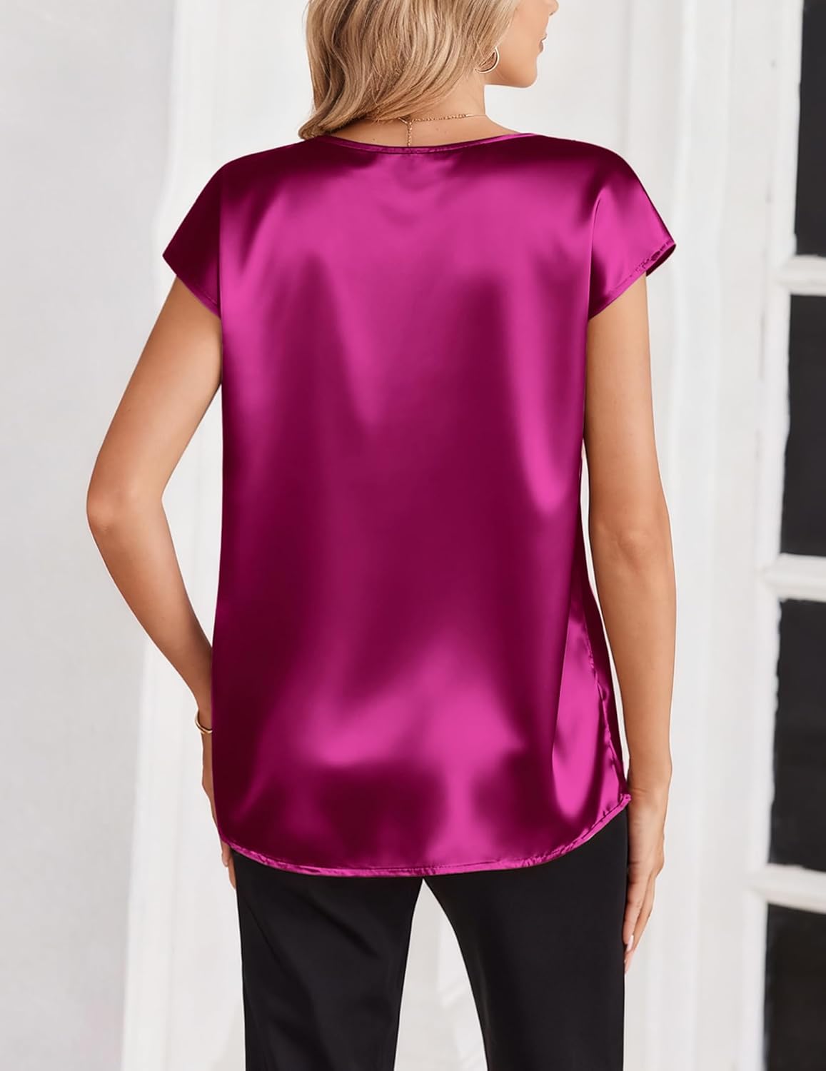 Zeagoo Women Silk Satin Tops Cap Short Sleeve Blouse V Neck Shirts Business Casual Outfits S-2XL - Image 4