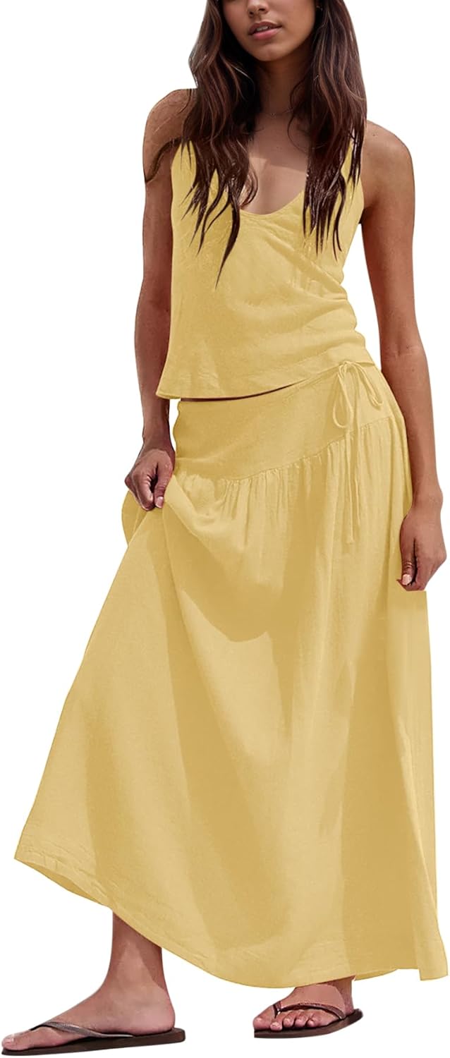 Women 2 Piece Skirt Set Summer V Neck Backless Halter Cami Crop Top and Flowy A Line Maxi Skirt Trendy Matching Sets