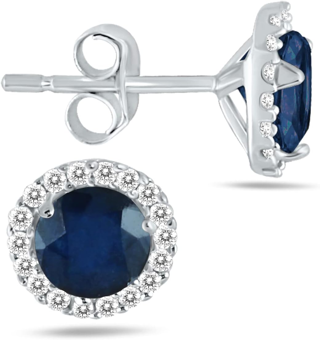5MM Genuine Gemstone and Natural Diamond Stud Earrings in 14K White Gold (Available in Blue Topaz, Amethyst, Emerald, Sapphire and More)
