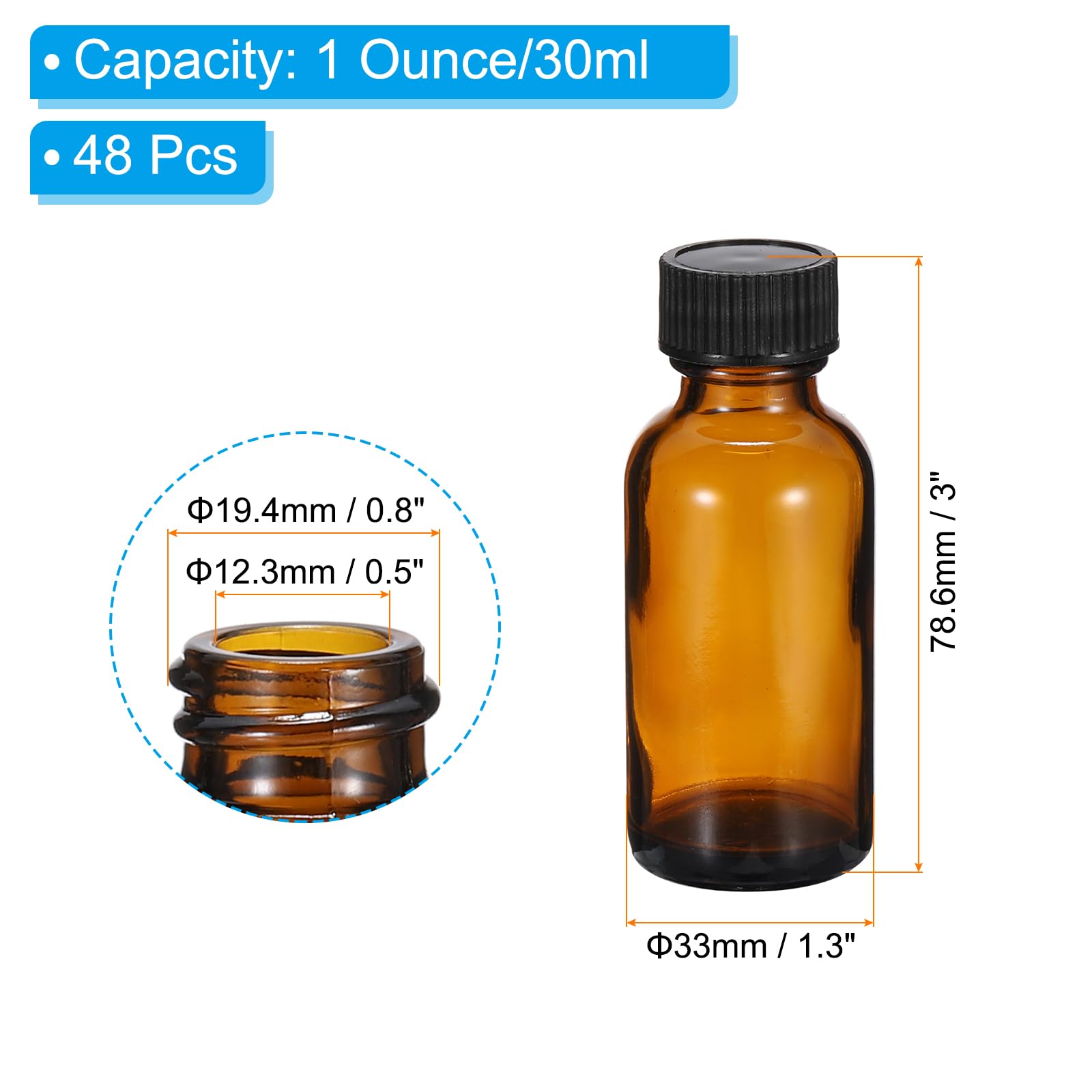 PATIKIL 1oz(30ml) Glas Probenflaschen, 48Stk Runde Flaschen Mit Schwarzen Polycone-Verschlüssen Für Reagenzien, Ätherische Öle, Parfüm, Bernstein