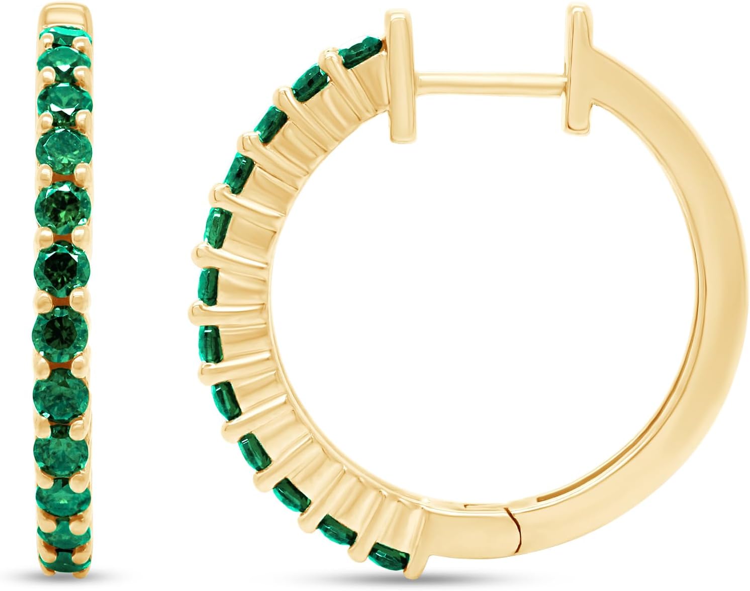 Jewel Zone US Round Cut Simulated Emerald Elongated Hoop Earrings in 14k Yellow Gold Over Sterling Silver