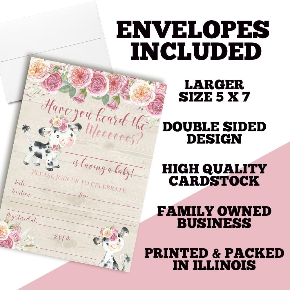 Watercolor Pink Floral Cow-Themed Baby Sprinkle Shower Invitations, 16 Pack 5x7 Fill In Cards with Sixteen White Envelopes by AmandaCreation