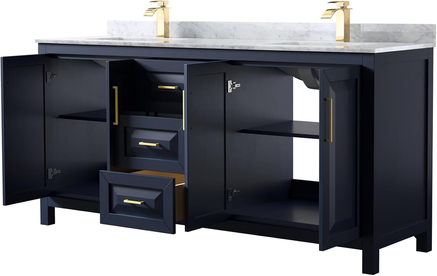 Daria 72 Inch Double Bathroom Vanity in Dark Blue, White Carrara Marble Countertop, Undermount Square Sinks, No Mirror