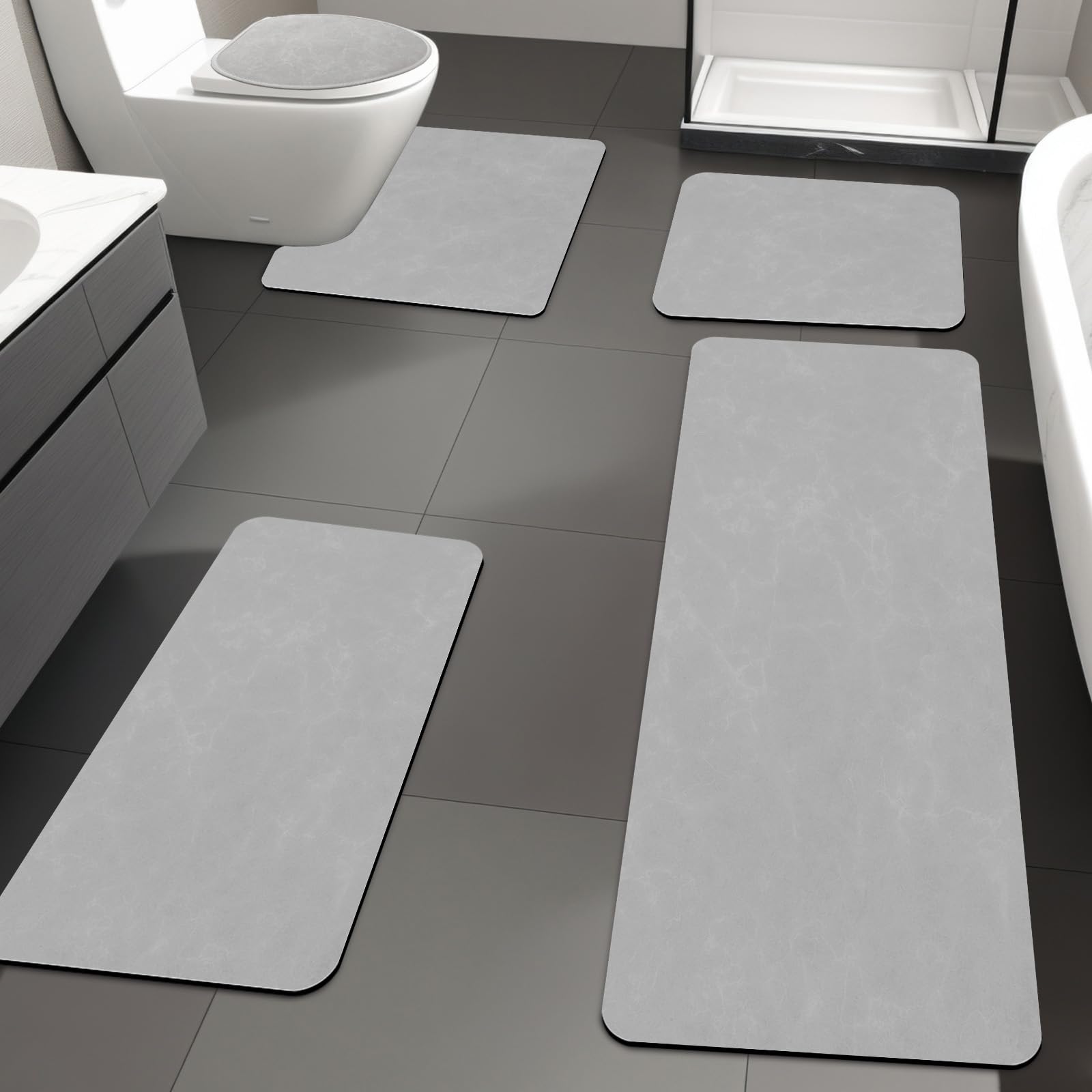 YIHOUSE Light Grey Bath Mat Rug Sets 5 Piece,Thin Bathroom Rugs Fit Non Slip Bathroom Mat Quick Dry, Absorbent Rubber Bath Mats for Bathroom Floor,