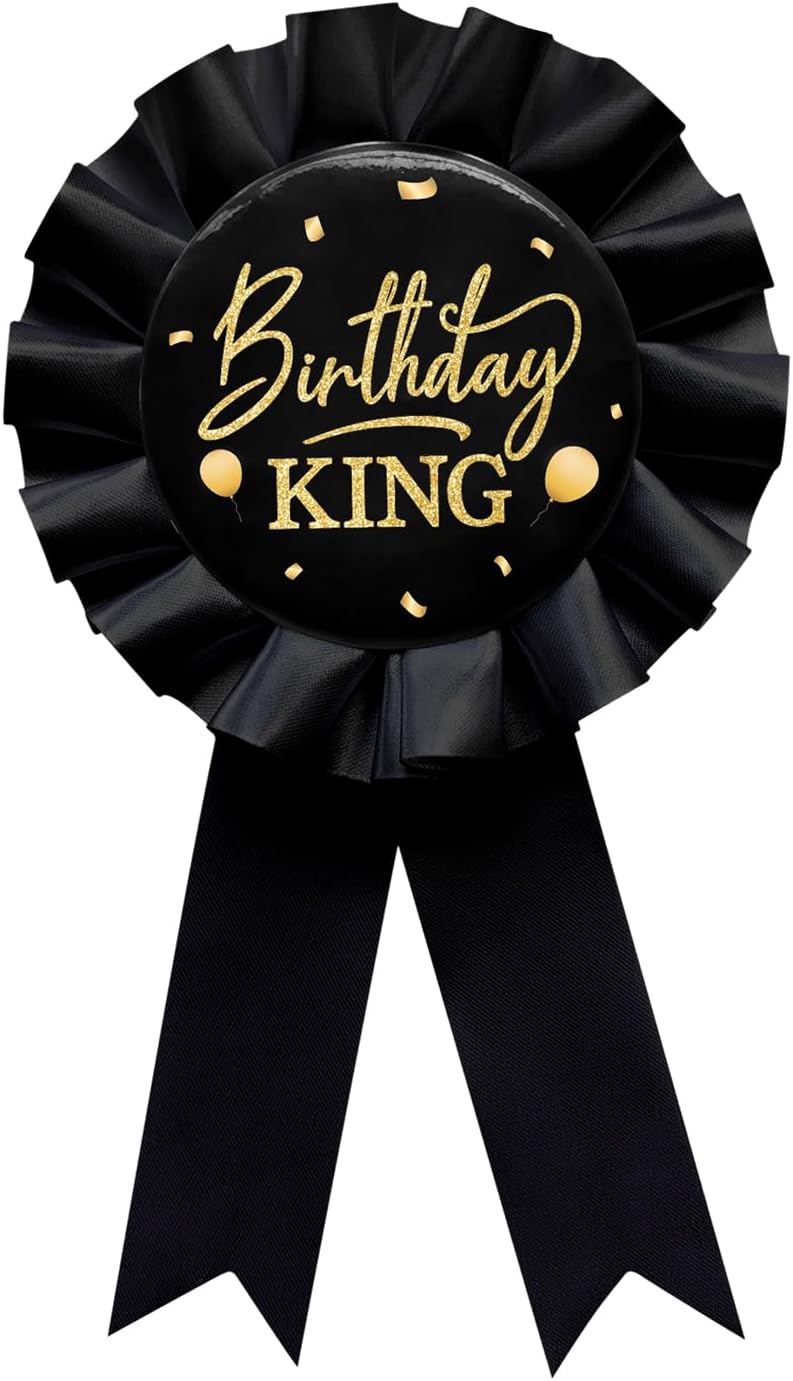 Birthday King Tinplate Badge Pin Black Satin Fabric Happy Birthday Themed Button Pin Party Decorations Award Ribbon Badge