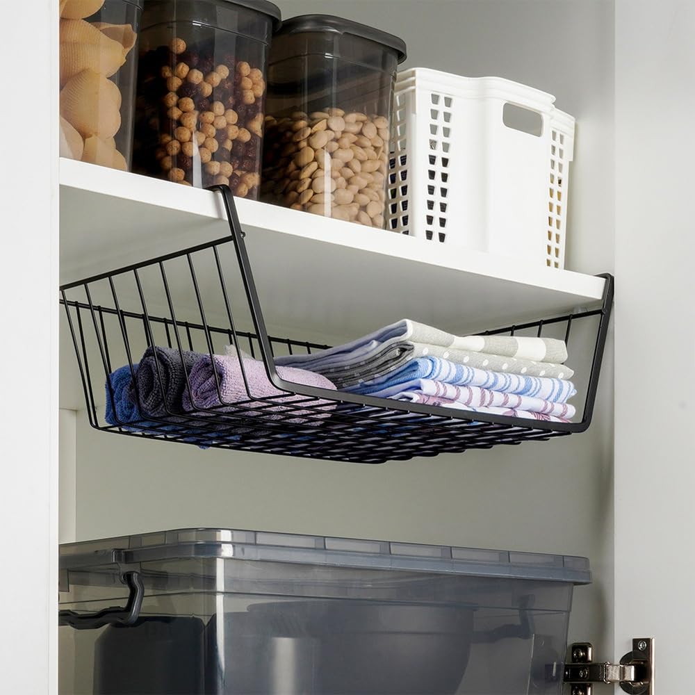 Vilde Lot de 3 paniers inférieurs 40,5 x 26,5 x 14,5 cm en métal noir – Panier suspendu pour étagère sans perçage - Organiseur de cuisine, armoire de bureau, panier de rangement à suspendre sous