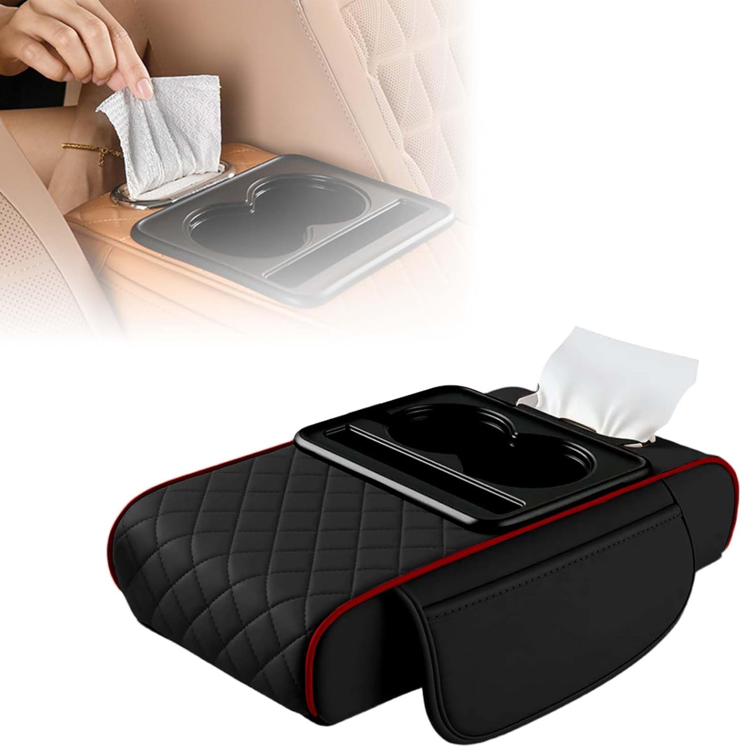 Multifunctional Car Armrest Cushion with Integrated Booster, 2026 Upgraded Universal Style Memory Cotton Car Armrest Box Pad, Car Center Console Armrest Pillow, with 2 Cup Holder (Black Red)