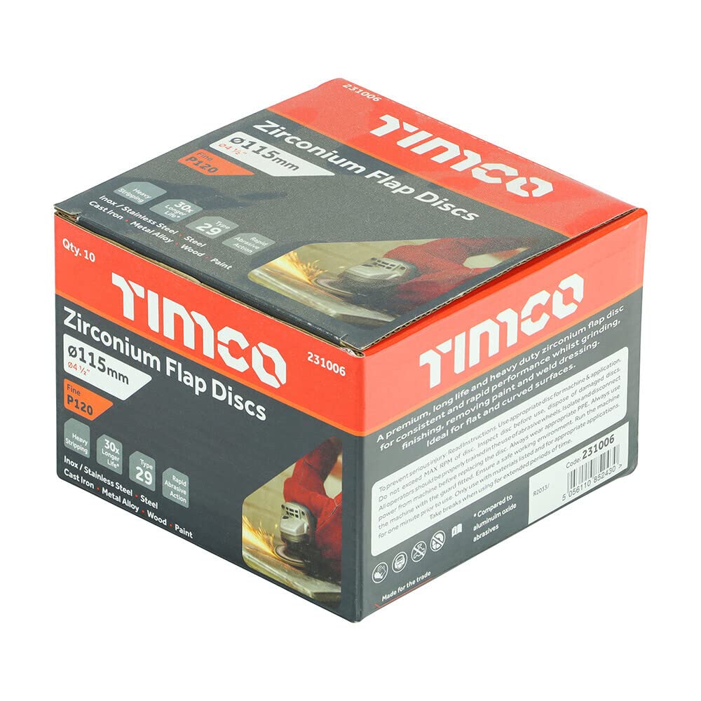 TIMCO Set of Flap Discs Zirconium Type 29 Conical P120 Grit - 115 x 22.23