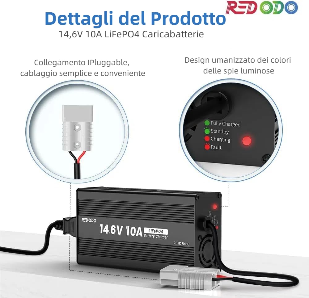 Redodo 14,6V 10A Caricabatterie Lifepo4 per Batterie Litio, Carica Veloce, Alta Efficienza di Carica, Progettato per Caricare Batterie LiFePO4 a Ciclo Profondo
