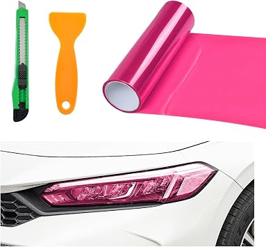Headlight Vinyl Film Sticker Sheet Roll, 47.2"11.8" Self-Adhesive Tint Vinyl Film for Car Tail Lights Fog Lights, Air-Release Headlight Tint Wrap Film with Squeegee & Cutter Pink