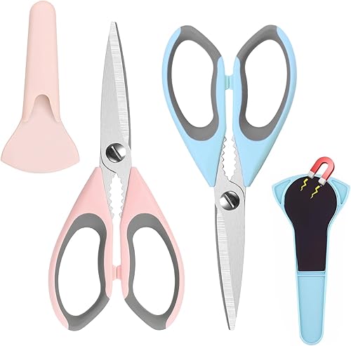 2 Pack Heavy Duty Scissors Kitchen Shears with Magnetic Holder,Dishwasher Safe Stainless Steel Meat Cooking Shears,Multifunctional All Purpose Sharp Scissors Set for Food,Meat,BBQ,Pizza(Blue,Pink)
