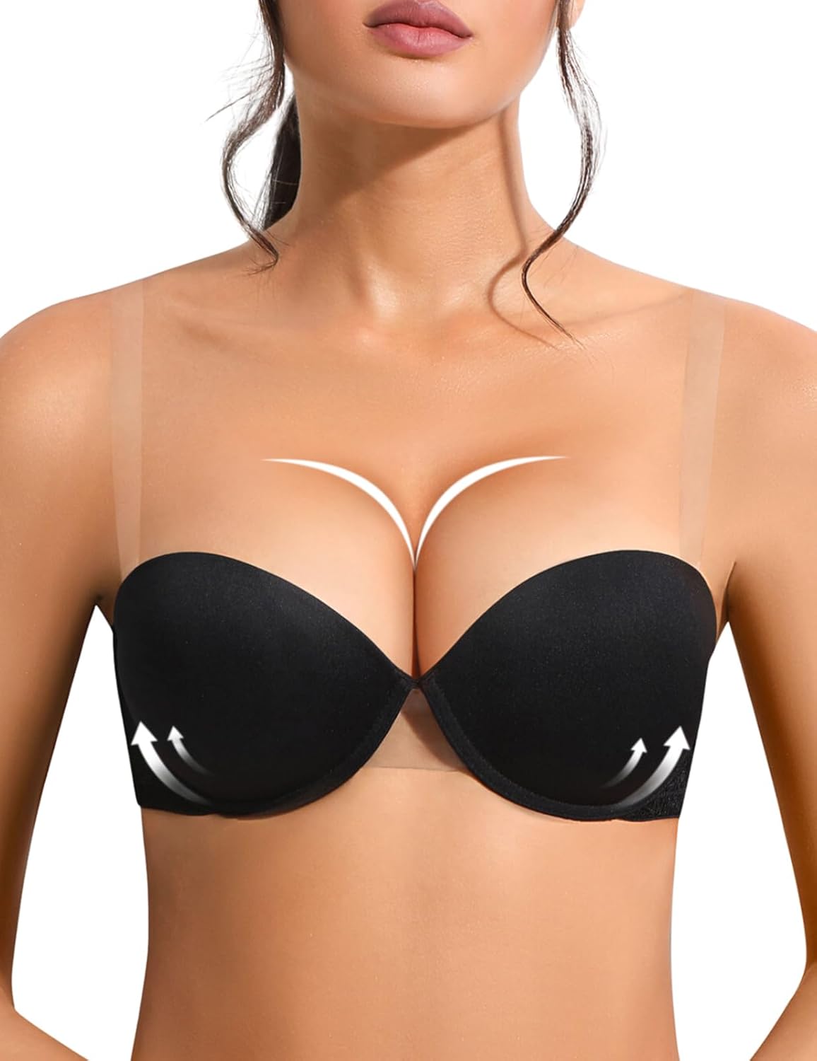 Strapless Push Up Bra with Clear Straps for Women, Thick Padded Underwire Convertible Bras Add One Cup Black 38D