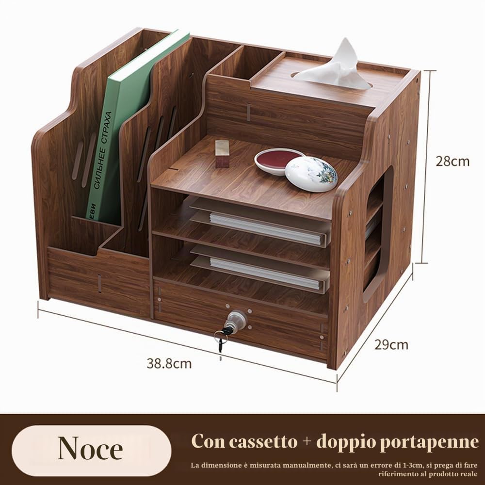 Organizer da scrivania in legno grande capacità formato A4 per ufficio casa scuola JB07-2 legno di noce