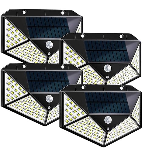 Solcellslampor för utomhusbruk med rörelsedetektor och 100 vita LED | 3 funktionella lägen | universellt användbar trådlös utomhusbelysning med starkt 1 200 mAh batteri (4 stycken)