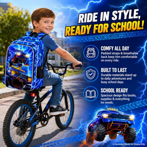 Image of 17 inch Truck Backpack for Boy, 3Pcs Lightning Bookbag for Elementary Preschool Kindergarten, Kids School Thunder Backpacks with Lunch Box (Blue)