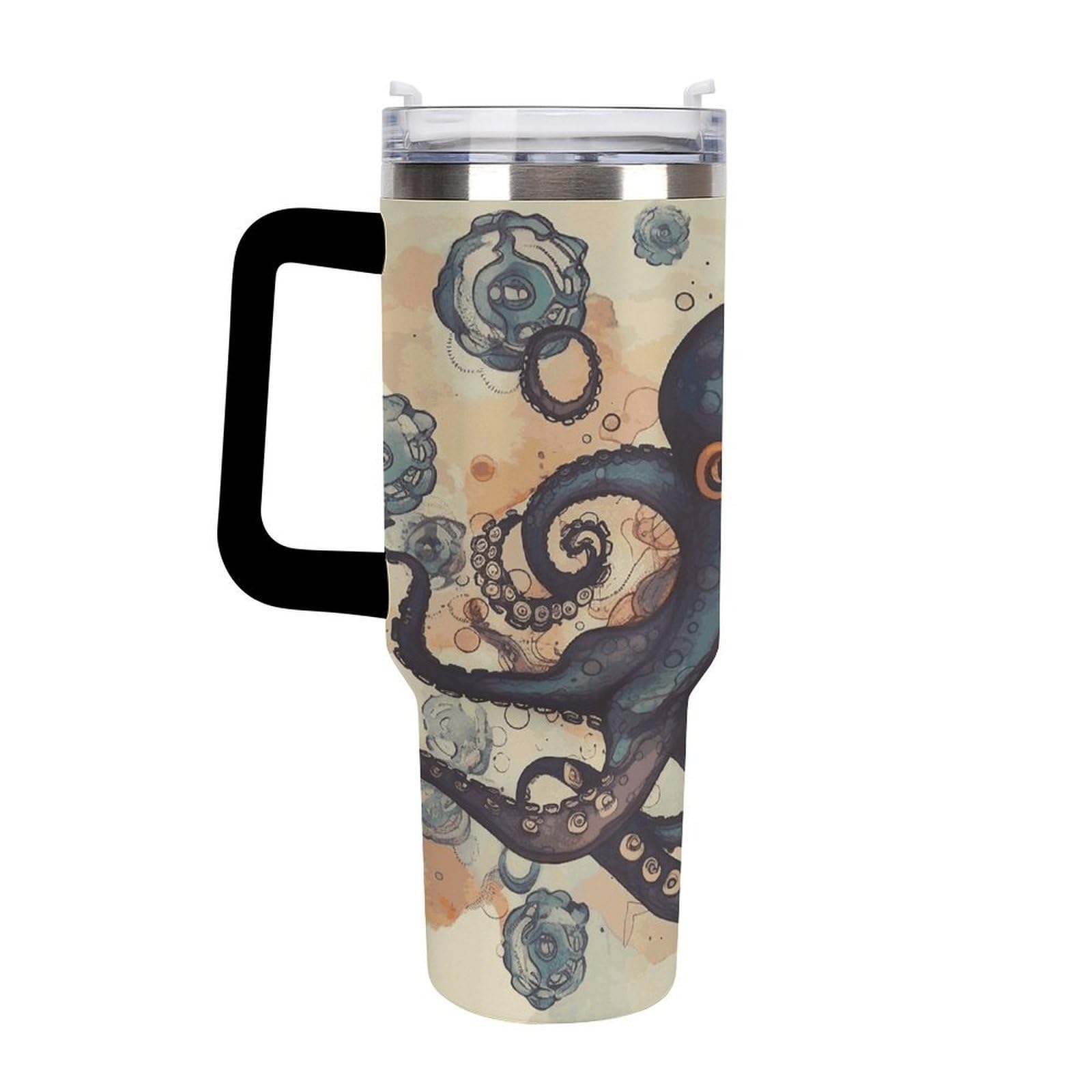 Retro-Oktopus-Tassen mit Strohhalm und Griff, doppelwandige Vakuumisolierung, Wasserflaschen für Eiskaffee, Tee, heiße und kalte Getränke