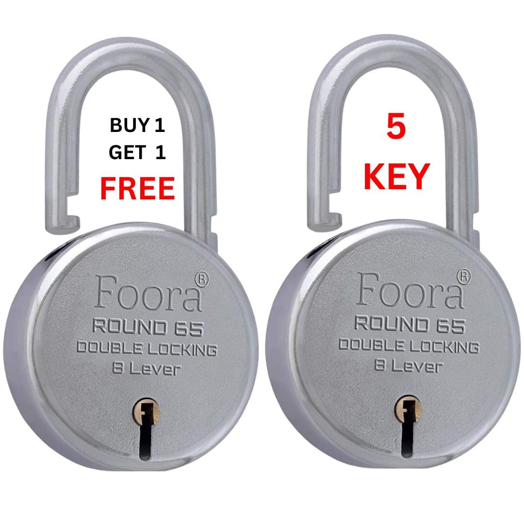 Foora Lock and Keys, Door Lock for Home, Round 65mm Padlock Pack of 2 with 5 Keys Each, 8 Lever Heavy Duty Double Locking System for Gate, Shutter, Main Door, Silver Finish.-image-38