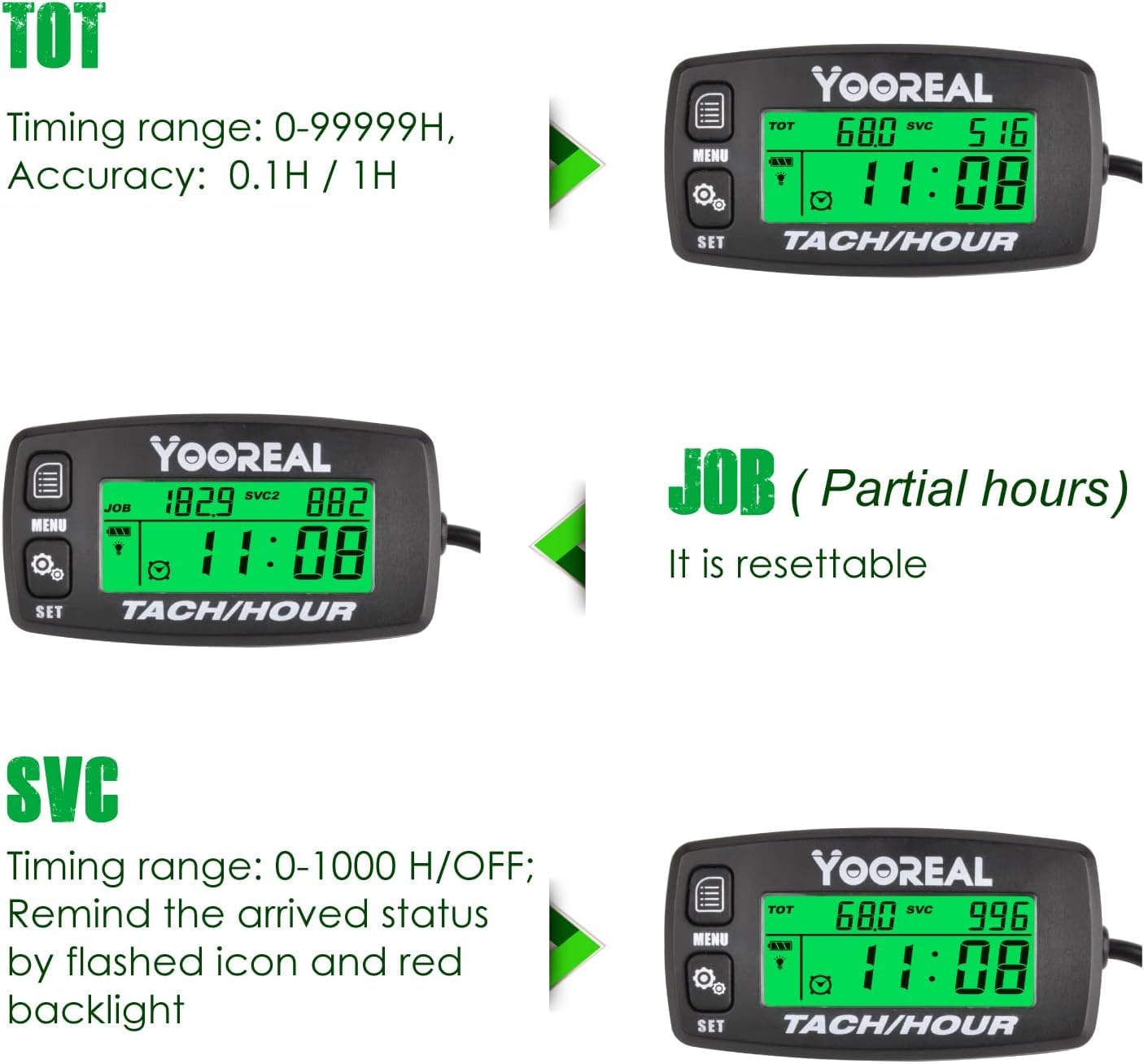Yooreal LCD-Drehzahlmesser, Wartungserinnerung, Rasentraktor, Generator, Rasenmäher, Kettensäge, Außenborder, Schneemobil, austauschbare Batterie