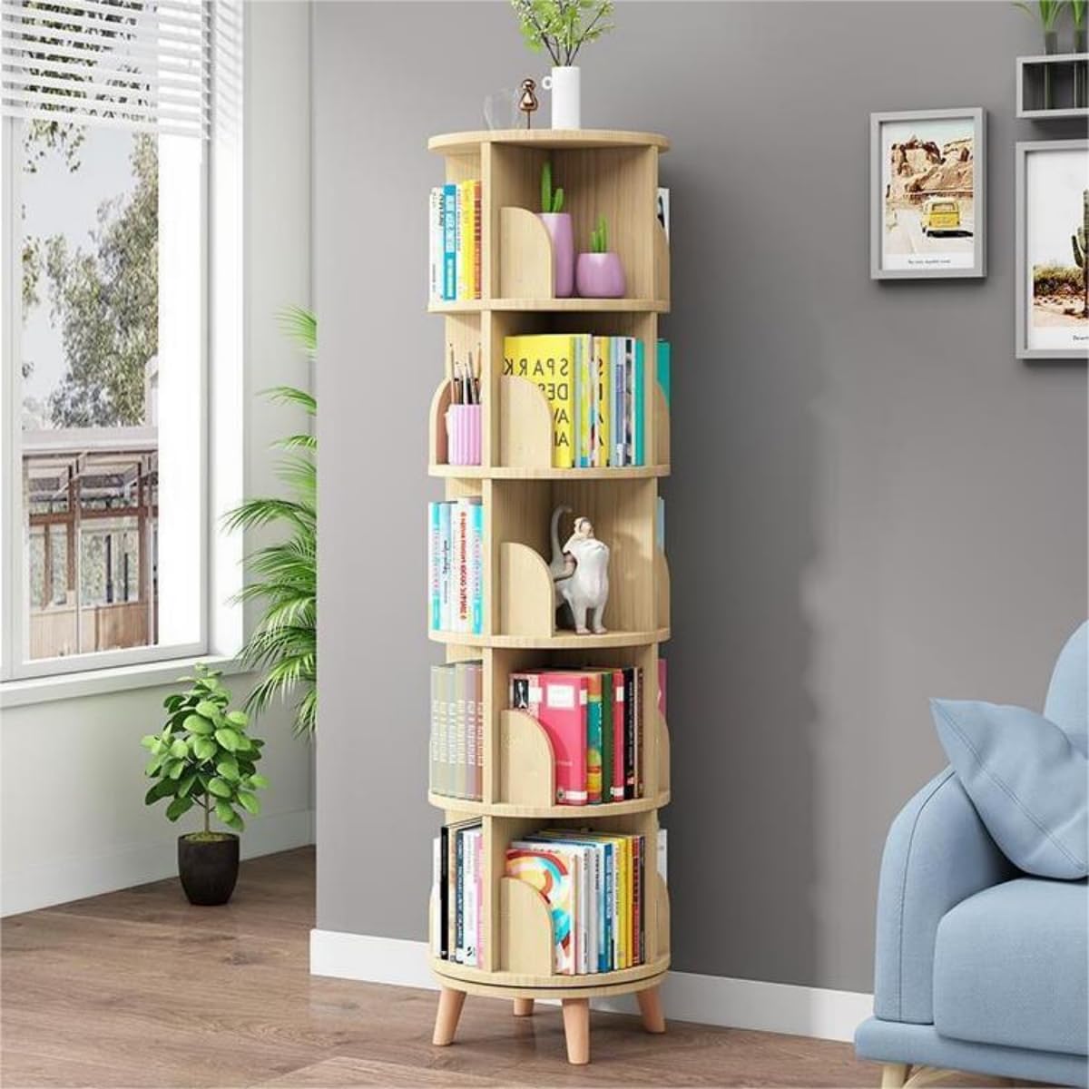 Gdrasuya10 Rotating Book Shelf with Legs, 5 Tier Standing Rotating Bookshelf Tower Bookcase Wood Revolving Bookcase Book Storage Organizer Bookshelf for Living Room Study Room