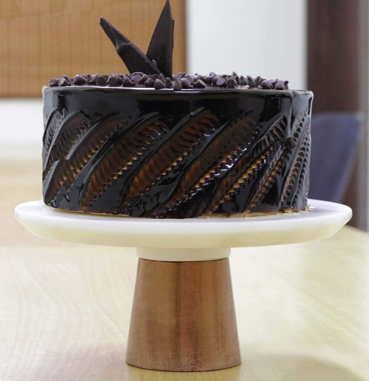 Vanora Natural and Handmade Marble Round Shape Cake Stand with Wood Base, 1/2 kg Capacity, 8 X 8 X 3.75-inch