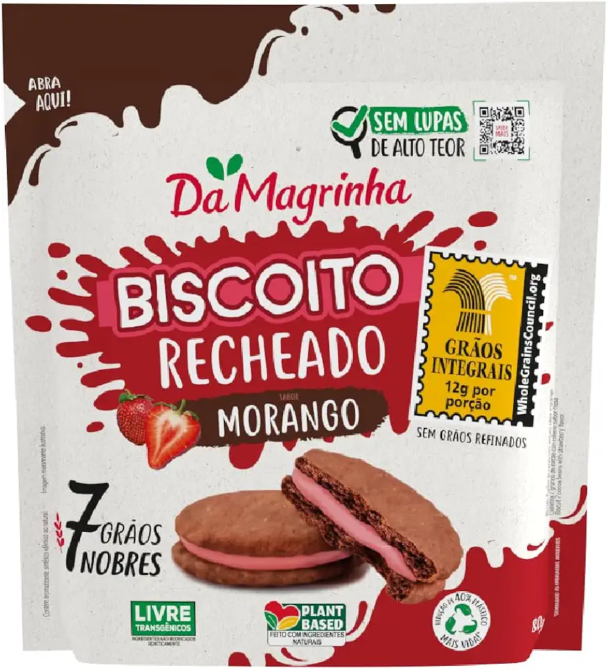Biscoito Recheado Da Magrinha 80g – Cacau com Morango, Sem Lupas de Alto Teor, Snack Saudável