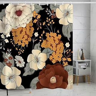 Floral Shower Curtain, Fabric Cloth Shower Curtains for Bathroom Farmhouse Decor, Colorful Shower Curtain with 12 Hooks and 1 Hanging Cord, 71" x 71", Flowers with Black Background