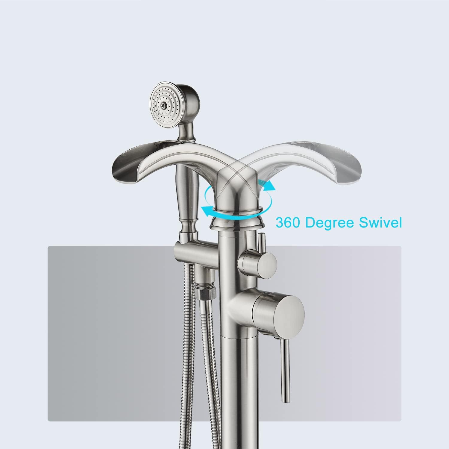 Senlesen Brushed Nickel Bathroom Single Handle Freestanding Bathtub Faucet Floor Mounted Waterfall Tub Filler with Hand Shower Set - Image 2