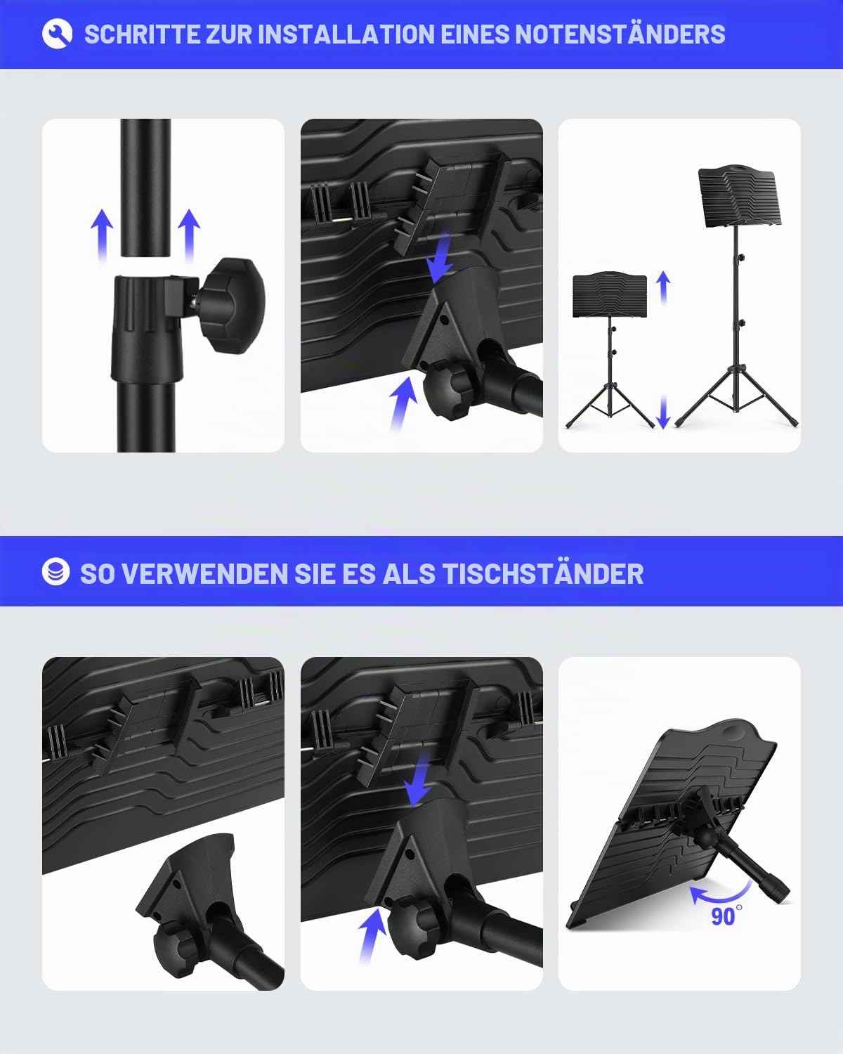 Donner Notenständer Faltbarer Reise-Metallständer Verstellbar DMS-1 mit Tragetasche, drehbares aufladbares Musiklicht und Clip-Halterung, tragbarer Projektorständer, Laptop-Ständer, Musikordner
