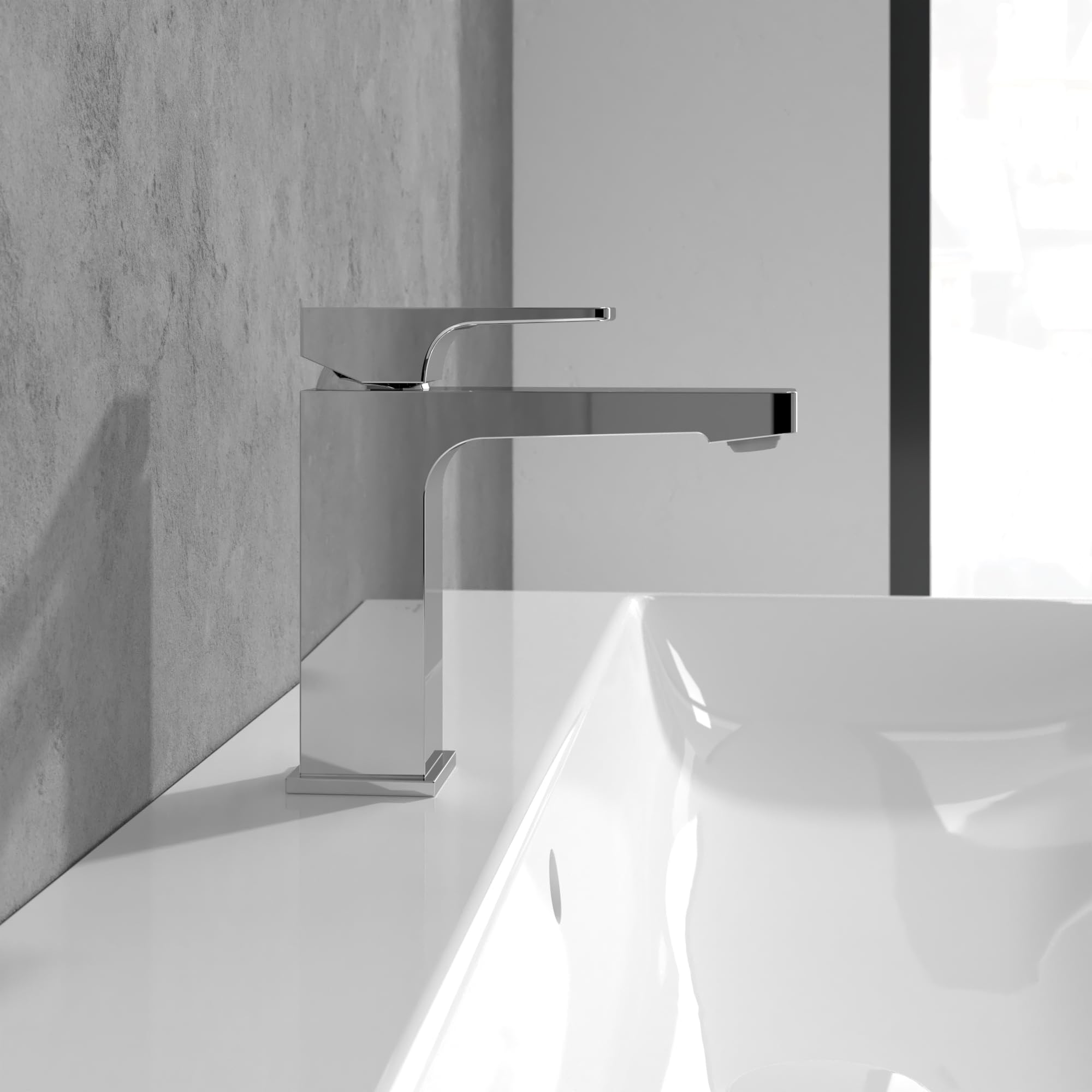Villeroy & Boch Architectura Square armatura umywalkowa bez zestawu odpływowego, kran łazienkowy z wkładem ceramicznym, bateria umywalkowa, oszczędność wody, wysokość wylewki 113 mm, kwadratowa, chrom
