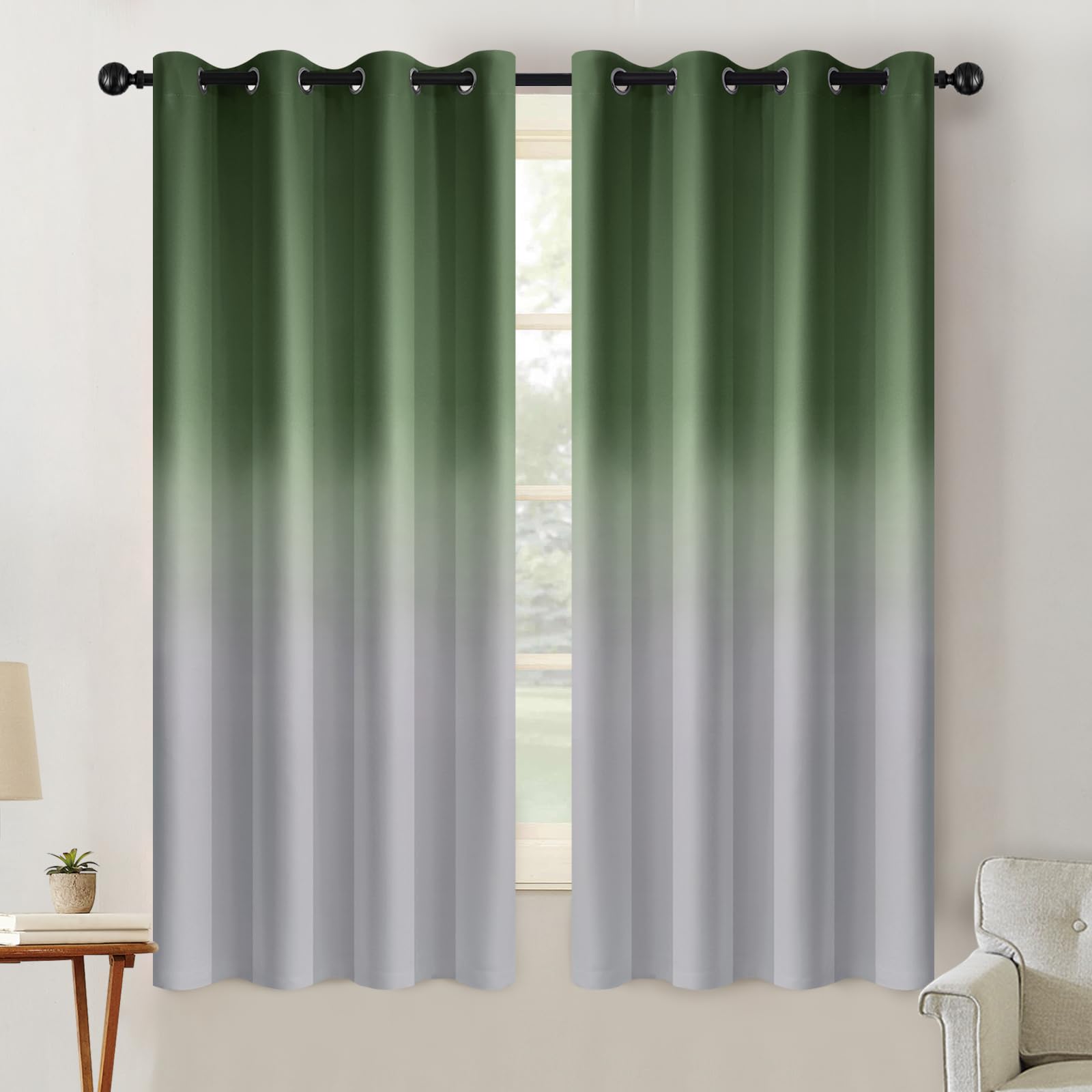 SimpleHome Ombre Room Darkening Curtains for Living Room, Light Blocking Sage Green to Grey White Thick Thermal Insulated Grommet Window Curtains Drapes for Bedroom, 2 Panels, 52x63 inches Length — image 1